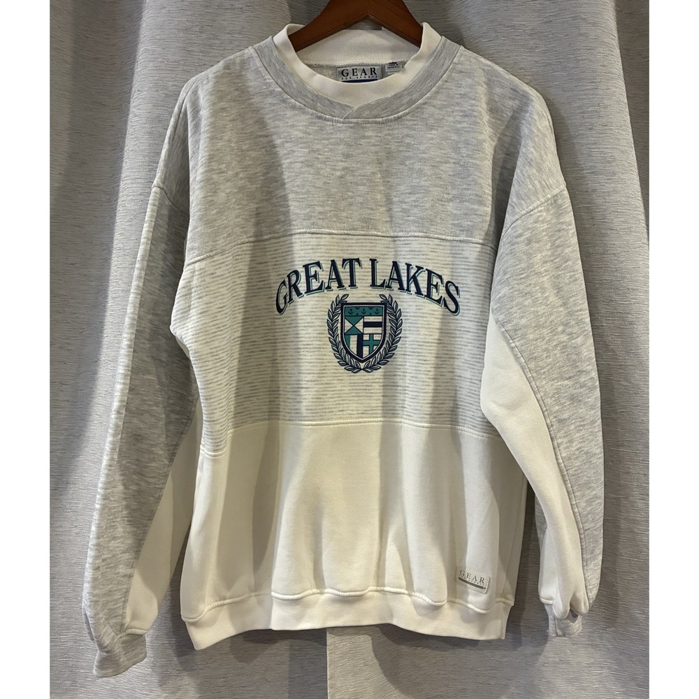 Vintage 90s Great Lakes Michigan Print Embroidered Sweatshirt Heavyweight Large